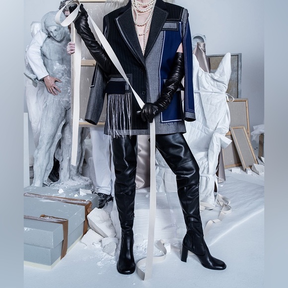 Zara Atelier black leather thigh high limited edition block heel boots 39